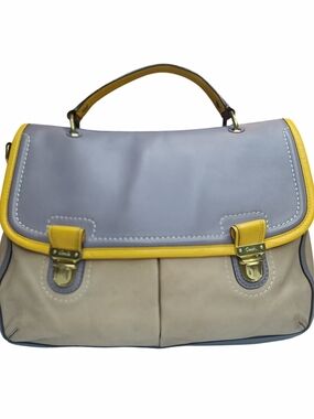 Coach Poppy Dylan Leather Colorblock Satchel Flap Bag Grey Yellow Taupe